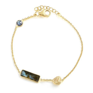 【送料無料】ブレスレット　アクセサリ―　スターリングシルバーイエローゴールドメッキブレスレット925 sterling silver 18ct yellow gold plated rectangular labradorite bracelet