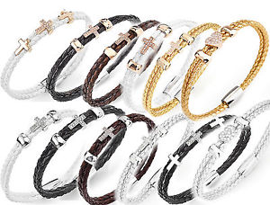 【送料無料】ブレスレット アクセサリ— ブレスレットアーメンレザーハートクロススワロフスキーゴールドシルバーbracelet amen contemporary braided leather heart cross swarovski gold silver|hokushin