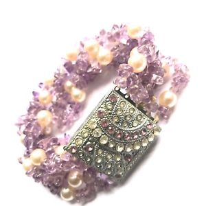 【送料無料】ブレスレット アクセサリ— アールデコアメジストパールクリスタルラインストーンシルバーカフブレスレットart deco amethyst pearl crystal rhinestone silver cuff bracelet|hokushin