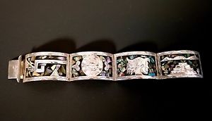 【送料無料】ブレスレット アクセサリ— ビンテージスターリングシルバーメキシコアステカブレスレットアワビvintage sterling silver mexican aztec engraved bracelet jewelry abalone|hokushin