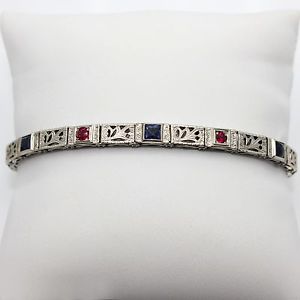 【貨物輸送無料】腕輪 付属物― ｋホワイトゴールドビンテージブレスレットサファイアルビー14k white gold vintage filigree bracelet with synthetic sapphire and ruby 7