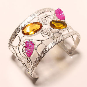 【送料無料】ブレスレット　アクセサリ―　シトリンチタンピンクカフシルバーブレスレットyellow citrine,titanium pink druzy cuff 925 silver bracelet 78