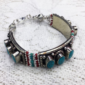 【送料無料】ブレスレット　アクセサリ―　ビンテージシルバーネパールチベットターコイズブレスレットvintage silver nepali tibetan turquoise bracelet
