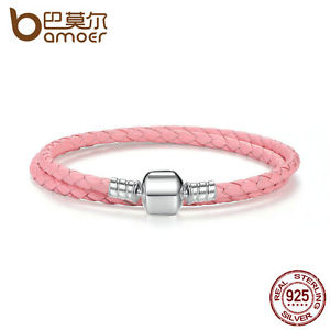【送料無料】ブレスレット　アクセサリ―　ピンクスターリングシルバークラスプワイヤーブレスレットbamoer european genuine pink wire leather bracelet with sterling silver clasp