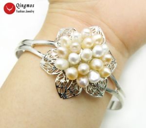 【送料無料】ブレスレット　アクセサリ―　ホワイトピンクコメシルバープレートカフブレスレットwhite amp; pink rice natural pearl flower silver plate open cuff bracelet jewelry