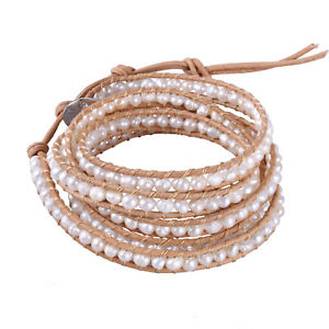【送料無料】ブレスレット　アクセサリ―　ビーズレザーファッションハンドメイドカフブレスレットラップブレスレットwhite pearls beaded 5 wrap bracelet on leather fashion handmade cuff bracelets 11,886円