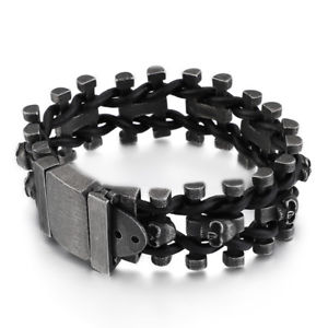 【送料無料】ブレスレット　アクセサリ―　ブラックレザーブレスレットステンレススチールビンテージスカルチェーンブレスレット