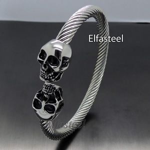 【送料無料】ブレスレット　アクセサリ―　スカルケーブルステンレススチールカフブレスレットskull cable stainless steel cuff bracelet