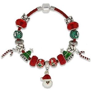 【送料無料】ブレスレット　アクセサリ―　シルバークリスマスブレスレットガラスビーズsilver charm bracelet red glass beads jewelry for womens holiday christmas gift