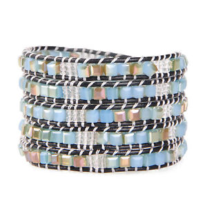 【送料無料】ブレスレット　アクセサリ―　ファッションミックスクリアレザーブレスレットスクエアーカットラップfashion mix clearamp;square cut crystal 5 wrap on leather bracelet handmade jewelry
