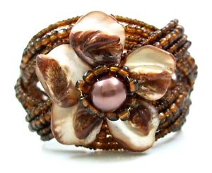 【送料無料】ブレスレット　アクセサリ―　パールビーズカフブレスレット2 brown flower mother of pearl beads cuff bracelet 68 adjustable ;fa067