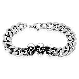 【送料無料】ブレスレット　アクセサリ―　メンズステンレススチールブレスレットリンクゴシックジュエリーmens large heavy stainless steel bracelet link wrist 3 skulls gothic [jewelry]