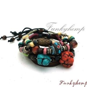 【送料無料】ブレスレット　アクセサリ―　ヘンプレザーブレスレットカラフルビーズ3 hemp leather bracelet w colorful semi gemstone amp; wood metal beads w63