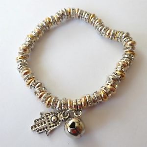 【送料無料】ブレスレット　アクセサリ―　ブレスレットゴールドファティマシルバーelastic bracelet man woman c gold and silver hand of fatima crystals 122 u
