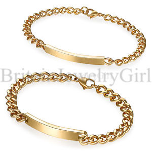 【送料無料】ブレスレット　アクセサリ―　カップルゴールドステンレススチールチェーンリンクブレスレットhis and hers couple polished gold stainless steel curb chain id link bracelet