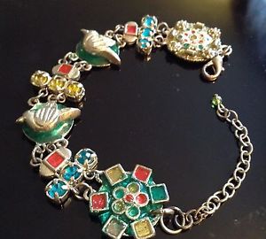 【送料無料】ブレスレット　アクセサリ―　ビンテージメタルシルバートーンエナメルパネルエナメルラインストーンブレスレットvintage metal silver tone bird enamel panel enamel rhinestone bracelet