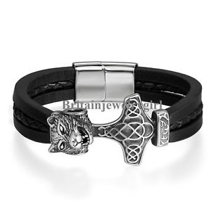 【送料無料】ブレスレット　アクセサリ―　ステンレスオオカミバイキングピューターブレスレットstainless steel wolf head viking odin mjlnir pewter magnetic bracelet for men