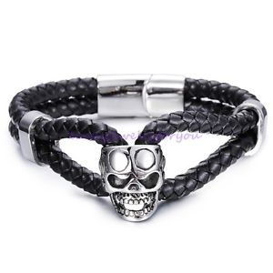 【送料無料】ブレスレット　アクセサリ―　ジュエリーブレスレットステンレス846fashion jewelry mens skull biker charm bracelet stainless steel leather 846