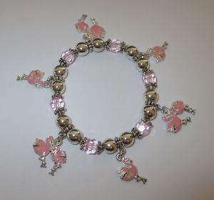 【送料無料】ブレスレット アクセサリ— ピンクフラミンゴビーズブレスレットシルバーpink flamingo beaded bracelet stretchy silver tone|hokushin