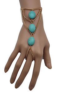 【送料無料】ブレスレット アクセサリ— メタルハンドチェーンファッションブレスレットスレーブリングwomen gold metal hand chain fashion bracelet slave ring finger turquoise blue|hokushin