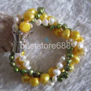 【送料無料】ブレスレット　アクセサリ―　8 510mmホワイトゴールドオリーブバロック3rowブレスレット8 510mm white gold olive baroque 3row freshwater pearl bracelet