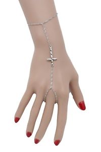 【送料無料】ブレスレット　アクセサリ―　スレーブリングクロスチャームブレスレットファッションジュエリーwomen silver metal hand chain slave ring cross charm bracelet fashion jewelry