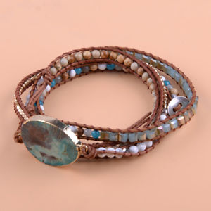 【送料無料】ブレスレット　アクセサリ―　5ユニークhandmade leather unique mixed natural stones gilded stone 5 strands bracelet