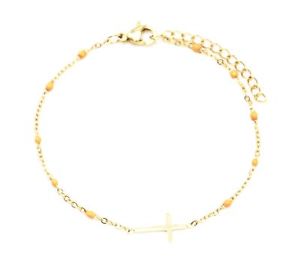 【送料無料】ブレスレット　アクセサリ―　ミニチェーンブレスレットビーズエナメルクロスオレンジbc3270fmini chain bracelet fine beads enamel yellow orange with cross rusted