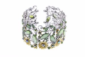 【送料無料】ブレスレット　アクセサリ―　レディースシルバーカフブラチwomens silver tone light green rhinestones floral golden flowers caged cuff brac