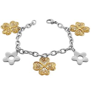 【送料無料】ブレスレット　アクセサリ―　ステンレススチールゴールデンイエローシルバーブレスレットリンクstainless steel golden yellow silver tone flower links women floral bracelet