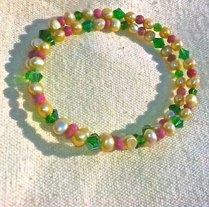 【送料無料】ブレスレット　アクセサリ―　メモリワイヤスワロフスキークリスタルブレスレットfreshwater pearl, rhodochrosite and swarovski crystal bracelet on memory wire
