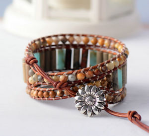【送料無料】ブレスレット　アクセサリ―　ブレスレットチューブボヘミアンboho bracelet unique tube shape natural stone 3 layers leather bohemian