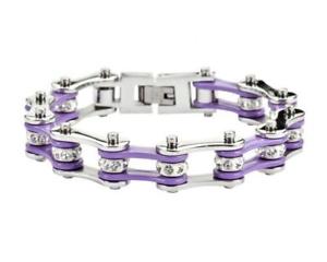 【送料無料】ブレスレット アクセサリ― レディースオートバイステンレススチールバイクチェーンブレスレットwomens ladies motorcycle stainless steel violet crystal bike chain bracelet