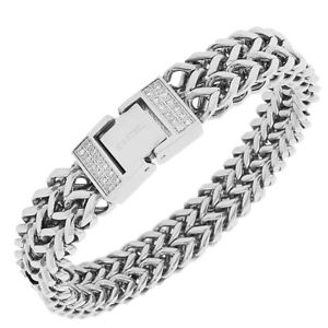 【送料無料】ブレスレット　アクセサリ&mdash;　ステンレススチールホワイトダブルチェーンメンズブレスレットstainless steel white cz silvertone double chain mens bracelet｜hokushin