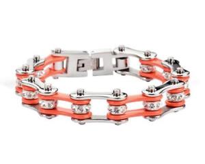 【送料無料】ブレスレット　アクセサリ―　レディースオートバイステンレススチールオレンジクリスタルバイクチェーンブレスレットwomens ladies motorcycle stainless steel orange crystal bike chain bracelet