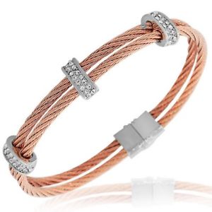 【貨物輸送無料】腕輪 付属物― ファッションシルバーローズツイストケーブルレディースブレスレットfashion silver rose goldtone white crystals cz twisted cable womens bracelet