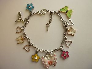 【送料無料】ブレスレット　アクセサリ―　シルバーブレスレットロブスタークラスプチェーン*silver tone charm bracelet butterflies amp; humingbird lobster clasp ext chain