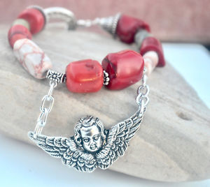 【送料無料】ブレスレット　アクセサリ―　ビーズブレスレットシルバージャスパーエンジェルペンダントred coral beaded bracelet silver jasper angel cherub pendant agate xlarge ooak
