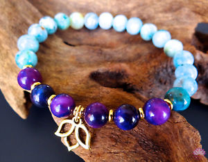【貨物輸送無料】腕輪 添え物― ロータスビーズブレスレットgenuine hemimorphite and sugilite bead bracelet with gold plated lotus