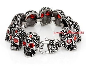 【送料無料】ブレスレット　アクセサリ&mdash;　ゴシックメンズリンクブレスレットバイカーステンレススチールミリgothic mens red eye crystals skull link bracelet biker stainless steel 26mm｜hokushin