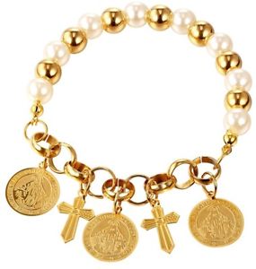 【送料無料】ブレスレット アクセサリ― kゴールドメッキクロスチャームブレスレットu7 synthetic pearl girls women gift 18k gold plated cross charm bracelet