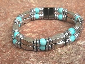 【送料無料】ブレスレット アクセサリ― ダブルシルバーブレスレットチョークターコイズmens womens double silver magnetic bracelet anklet w chalk turquoise aaa