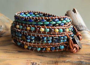 【貨物輸送無料】腕輪 付属品― カラフルボタンチェコビーズラップブレスレットcolorful four wrap bracelet with button czech beads on brown leather yevga 28