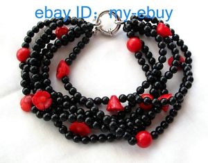 【送料無料】ブレスレット アクセサリ― オニキスコーラルブレスレットグランプリ4mm round onyxamp;red 8mm roundamp;10mm flower coral bracelet 14k gp 8