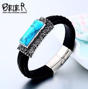 【送料無料】ブレスレット　アクセサリ―　パーソナライズチタンビッグターコイズブレスレットcoolpunk personalized leather weaving titanium steel big turquoise bracelet