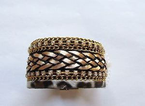 【貨物輸送無料】腕輪 付属物― ブレスレットヒョウゴールドデザインワイドbracelet leopard print  gold braided design rhinestones wide magnetic