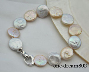 【送料無料】ブレスレット　アクセサリ―　コインホワイトピンクブレスレット8 15mm coin white pink freshwater pearl bracelet