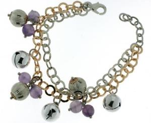 【送料無料】イタリアン　ブレスレット　スチールブレスレットブロンズアメジストbracciale acciaio bronzo ametista naturale e campanelli｜hokushin