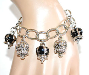 【送料無料】イタリアン　ブレスレット　カフシルバーブラックペンダントリングエナメルブレスレットbracciale donna argento ciondoli neri anelli lucidi smaltati strass bracelet a62