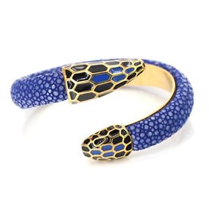 【送料無料】イタリアン　ブレスレット　メタルブレスレットノワールステンレスbracelet rigide ouvert serpent cuir noir acier inox plaqu or 18k email bleu trz｜hokushin